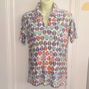Vintage 60s/70s Multi Colored Polyester Knit Short Sleeve Collared Blouse